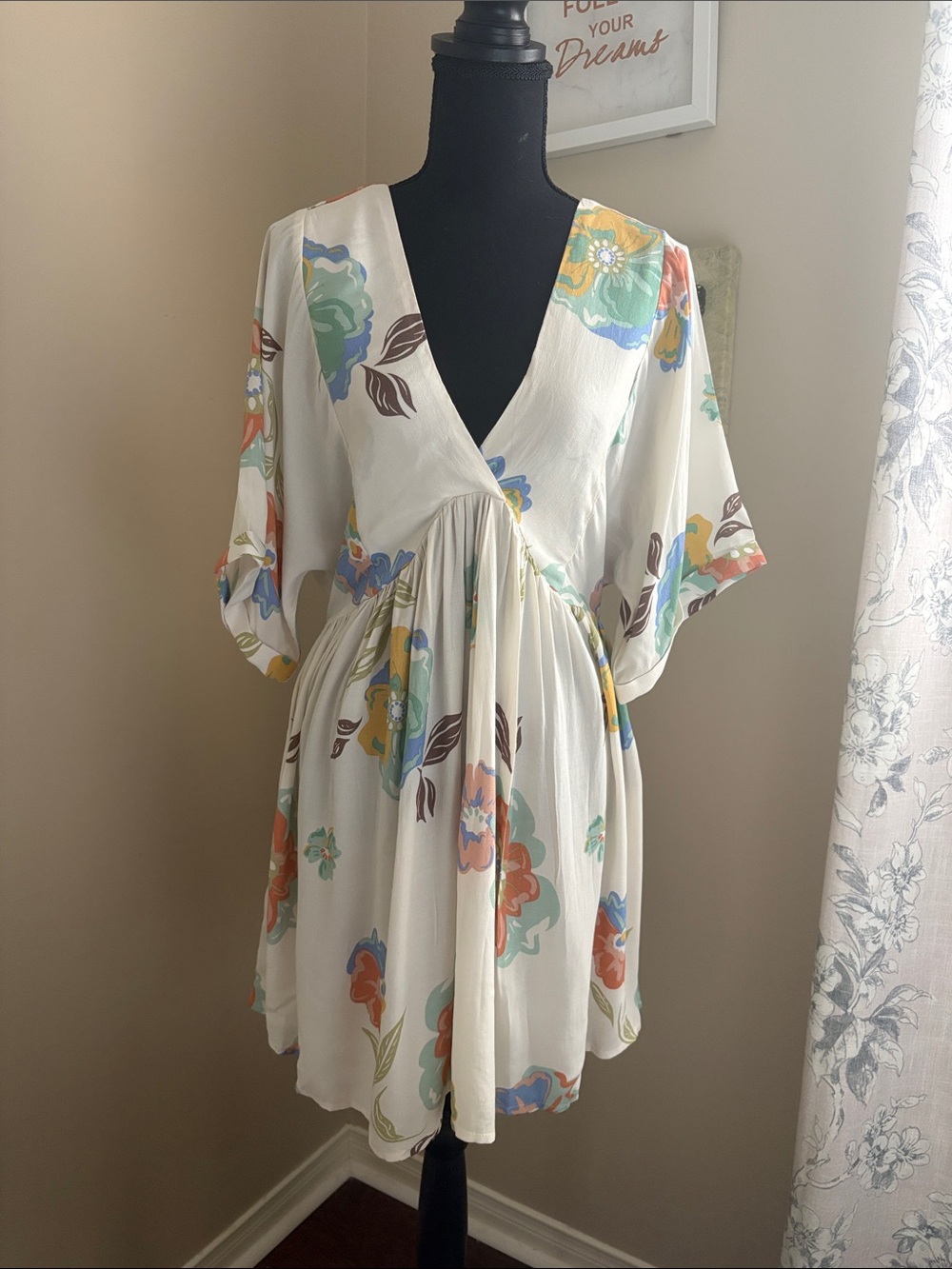 O’Neill Floral V-Neck Empire Waist Mini Dress - Cream with Multicolor Flowers